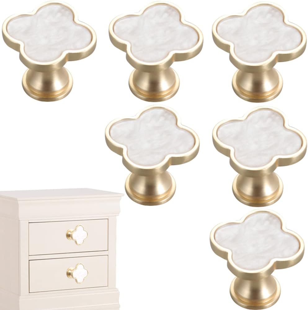 6 Pcs Clover Knobs Four-Leaf Handle Creative Cabinet Drawer Pulls Gold for Dresser Wardrobe Zinc Alloy Single Hole Door Handle(White)