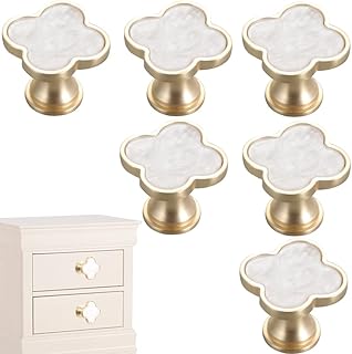 6 Pcs Clover Knobs Four-Leaf Handle Creative Cabinet Drawer Pulls Gold for Dresser Wardrobe Zinc Alloy Single Hole Door Handle(White)