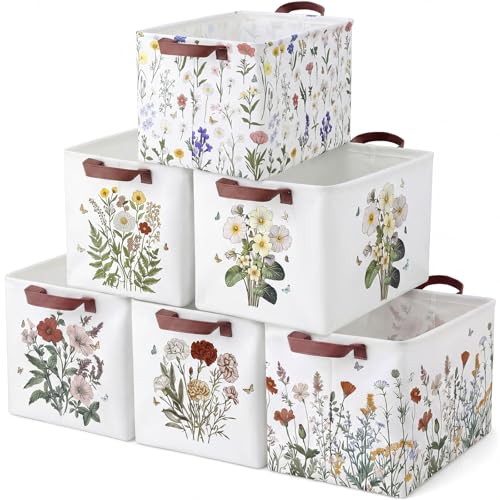 Image of Fourluoo 6 Pack Floral Storage Basket with Handles Clothes Storage Basket Bin Foldable Box Bins Organizer for Closet Shelf Nursery Kid Room Book Toy Chest(6,Wildflower)