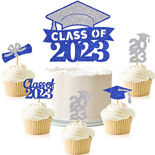 Graduation Cake Topper Congrats Grad Cupcake Toppers Kindergarten High School College University Glitter Decoration Blue Silver #TOP3