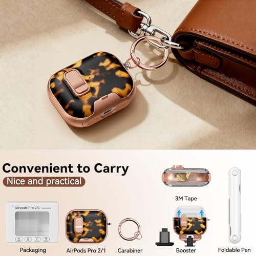 Image of for AirPods Pro 2 /1 Case (2023-2019), with Safty Lock & Phone Stand for AirPods Pro 2 /Pro1 Generation Case Cover for Women Girly with Keychain & Cleaner Kit - Brown+Black Tortoise