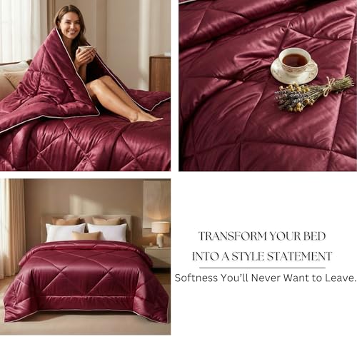 Image of SANMARINO Satin Comforter Double Bed 88x96 Inches | 300 TC Ultra Soft Silky Satin Comforter | Luxury Bedding for Bedroom, Couples, Wedding & Home Decor (Merlot)
