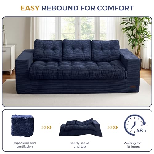 Image of MAXYOYO Loveseat Sofa Couch, Upholstered Bean Bag Chair Cloud Seat for Adults, Boneless Couch with Cushion & Pillows, Sofa in A Box, No Assembly Required, Corded Navy, 3-Seat