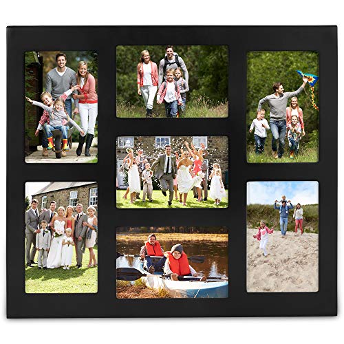VonHaus 7X Decorative Collage Picture Frames Multiple 4x6 Photos - Black Wooden Hanging Wall Photo Photograph 7 Openings - Ideal as Personalized Gift for Friends and Family