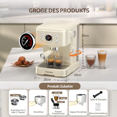 Empstorm Espresso Siebträgermaschine mit Milchaufschäumer, 20 Bar Espressomaschine mit Siebträger, 2 in 1 Expresso Machine für Pulver & Kapseln, 1,5L Wassertank Siebträger Kaffeemaschine, Weiß