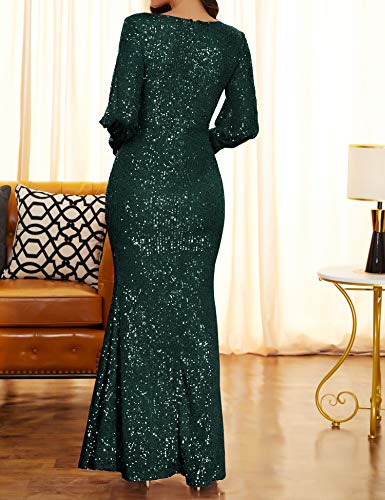 Image of Women's V Neck Long Sleeve Glitter Sequins Mermaid Evening Gown Dress