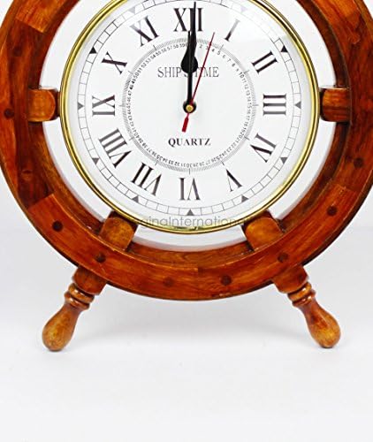 Nagina International 18" Solid Wood Brass Ship Wheel Wall Clock Porthole Nautical Decor Shipwheel 18" Ship Wheel Clock: Boat DecorationWooden Nautical Shipwheel with Clock - Maritime Pirate Decor