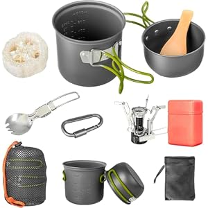Camping Cookware Set, Portable Camping Mess Kit with Non-Stick Pots, Pans Set and Folding Fork, Lightweight Backpacking cookware Cooking Set for Outdoor/Camping/Hiking/Picnic