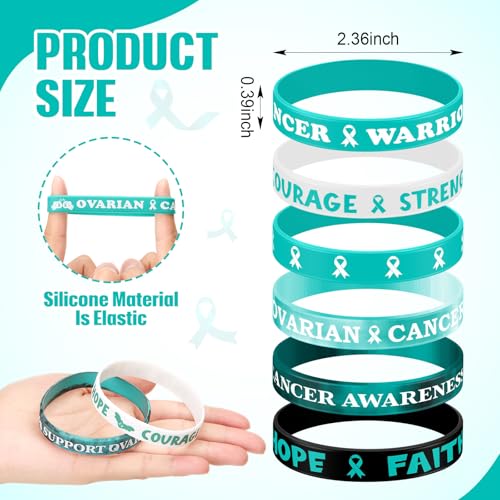 Image of Landical 300 Pcs Ovarian Cancer Awareness Silicone Bracelets Teal Ribbon Motivational Rubber Wristbands Colored Ovarian Cancer Awareness Wristbands for Event Support Charity Supplies Favor