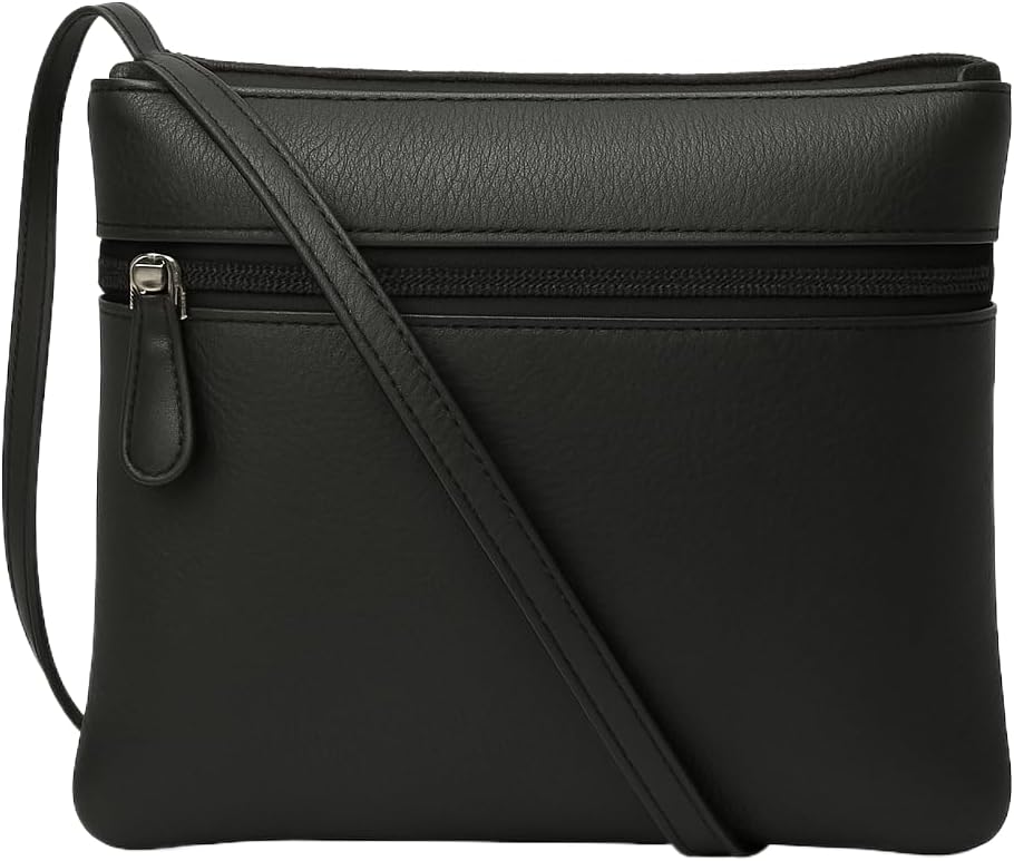 Genuine Leather Womens Purse Double Zipper Top Pockets Crossbody Shoulder Bag for Ladies