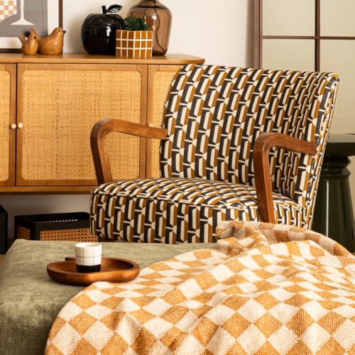Atmosphera Interior Designer – Chiara Sessel, schwarzer ockerfarbener Chenille-Stoff, Retro-Vintage-Hevea-Holz, halbfeste Armlehnen für Wohnzimmer, Büro, Schlafzimmer