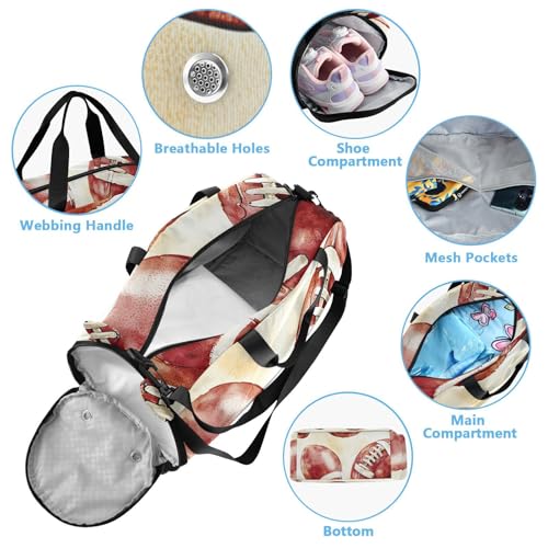 Gym Travel Duffle Bag for Boys Girls Football Soccer Red Brown Pattern Sports Dance Bag with Shoe Compartment & Wet Pocket Football Kids Travel Bag Teens Sleepover Carry4