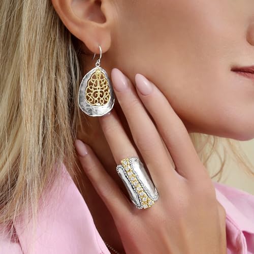 Jean Rachel Jewelry Mixed Metal Two Tone Earrings for Women – Lace Dangle Earrings – 925 Sterling Silver & 14K Gold Over Silver – Teardrop Hammered Hypoallergenic Design4