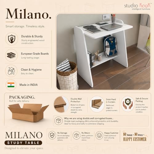 Image of Studio Kook Milano Study Table, Engineered Wood, Modern Computer Desk with Storage Shelf, 80cm Height x 75cm Width, Engineered Wood, Matte Finish (Moonshine White) DIY (DO IT Yourself) Assembly