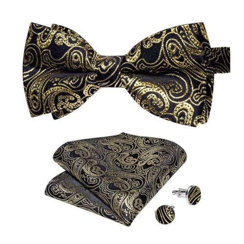 Image of DiBanGu Paisley Pre-Tied Bow Ties for Men Silk Adjustable Bowtie and Pocket Square Cufflinks for Wedding Party