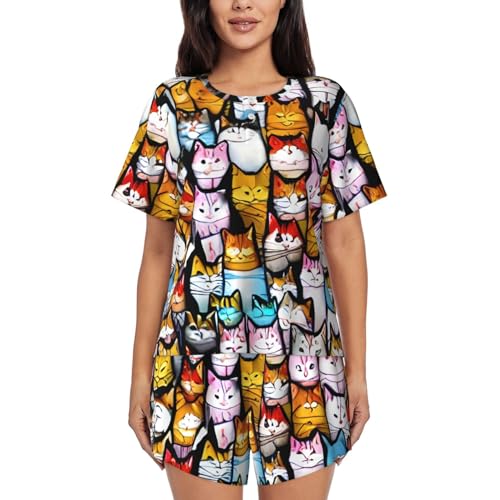 Pyjama deux pièces pour femme haut col rond et short imprimé chat