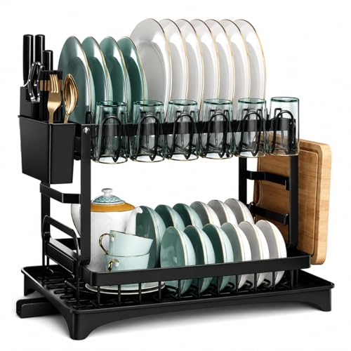 Image of DAHAN Dish Drying Rack Stainless Steel Over Sink 2 Tier Dish Drying Rack with Automatic Drainage System, Utensil Holder and Cutting Board, Cup Rack, Suitable for Kitchen