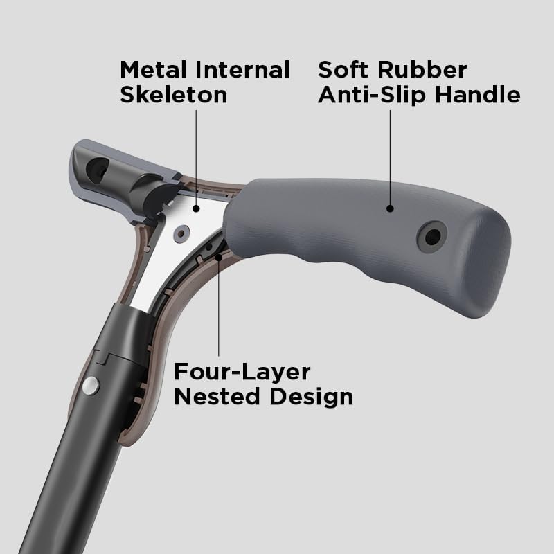Miniatura 5 de Bastón plegable con mango de asistencia de 360, altura ajustable de 26.4 a 35.4 pulgadas (10 niveles), base antideslizante de 4 patas y punta única,