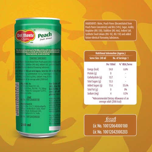Image of Del Monte Peach Fruit Drink (Pack of 18) -With real peach bits | Sweet, Juicy & Perfect for Cocktails & Mocktails |No added preservatives