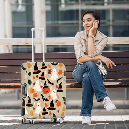 Image of Halloween Luggage Cover - Ghost Pumpkin Bat and Witch Hat Design - Festive Travel Suitcase Protector - Fits 32 to 34 Inch Luggage,XL