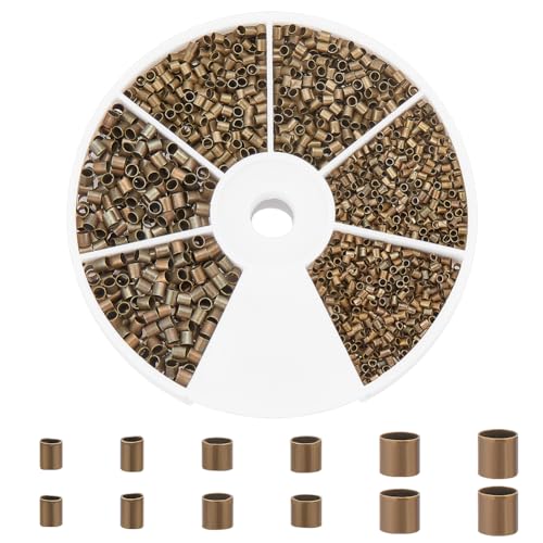 PH PandaHall 3000pcs Tube Crimp Beads 1.5mm 2mm 2.5mm Cord End Caps Brass Tube Crimp End Spacer Beads Loose Stopper Beads for Earring Bracelet Necklace Pendant DIY Jewelry Making, Antique Bronze