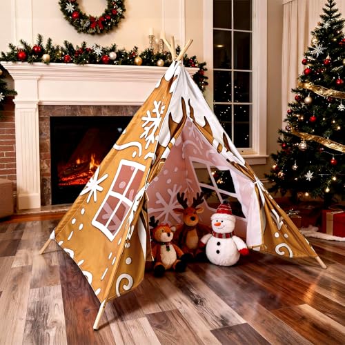 Image of Wesnoy Christmas Gingerbread House Teepee Tent for Kids Gingerbread Play Tent Playhouse Decorations 47x47x55 Inch Foldable 5 Sides with Carry Bag for Toddler Indoor Outdoor Games Party Holiday
