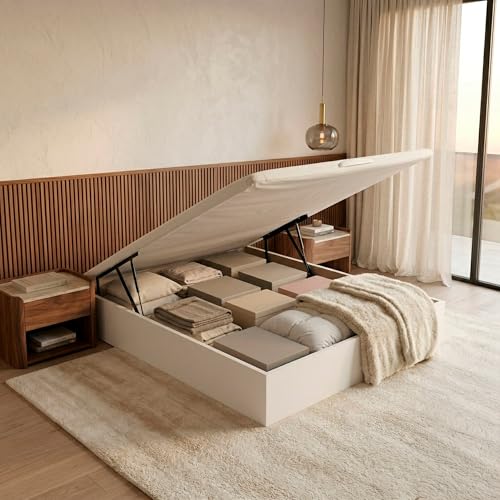 ROYAL SLEEP Canapé Abatible de Madera | 150x190 | Montaje y Retirada de Usado Incluido | Gran Capacidad | Tapa 3D Transpirable | 32 cm | Color Blanco | Space Bed