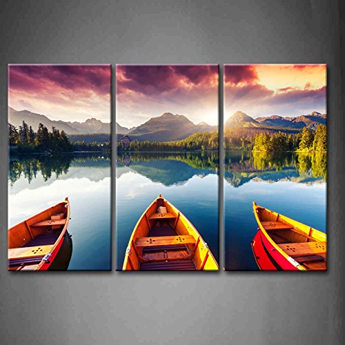 3 Panel Wall Art Mountain Lake Sunset Three Boats Trees Painting The Picture