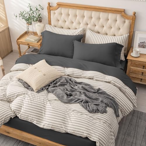 PURE ERA Jersey Knit 4pc Bed Sheet Set 100% T-Shirt Cotton Super Soft Comfy Breathable Fits Mattress Up to 20" Extra Deep Pocket (Solid Deep Grey, Queen)