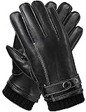 Guantes Hombre Cuero Genuino, Forro Peluche y Acabado de Punto, Manopola perfecto para inverno Pantalla táctil y Conducir disponible, Negro, S