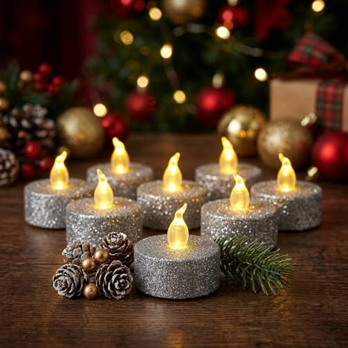 Image of 12Pcs Sliver Glitter Tea Light Candles Battery Operated with Timer | Led Flameless Tealight Vitive Candles, Warm White Flickering for Christmas Decor,Event,Anniversary Party,Wedding