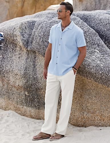 Image of COOFANDY Men 2 Piece Linen Outfit Beach Button Down Shirt Casual Loose Pant Sets