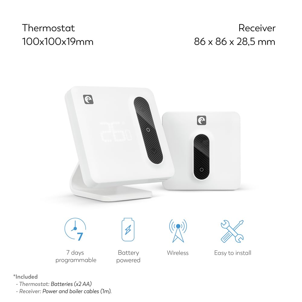 Garza Aspen Pack de 2 Termostatos WiFi Inteligentes para Caldera y Calefacción con Adaptador y Medidor de Consumo, Pantalla Táctil, Control App y Voz Alexa/Google, Blanco