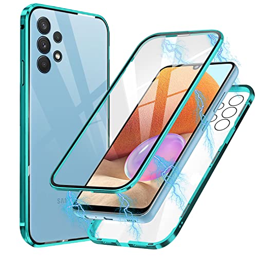 Funda para Samsung Galaxy A32 5G Carcasa Adsorción Magnética, E-Lush Funda 360 Grados Protección Transparente Caso Metal Flip Cover Frontal y Posterior Vidrio Templado Anti Choque Case Cover, Verde Cover