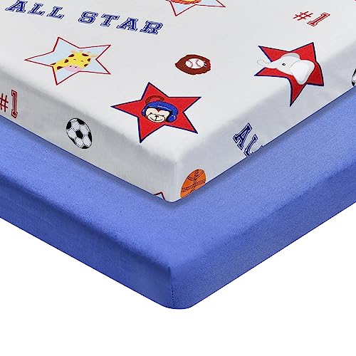Image of 2 Pack n Play Mattress Sheets - 100% Percale Weave Cotton Soft Portable Crib Mattress Sheets for Boys with Jungle Sports and Solid Blue Design; 2 Pc Playpen Mattress or Mini Crib Sheet Fitted Set