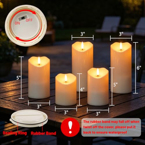 Image of Wondise 5Pack Solar Candles Outdoor Waterproof IP65 Rechargeable | Dusk to Dawn, Outdoor Pillar Candle for Camping Patio Porch Lanterns(5 Pack, 3 inch D x 4 inch H x 5 inch Hx 5 inch Hx 6 inch Hx 6 inch H)