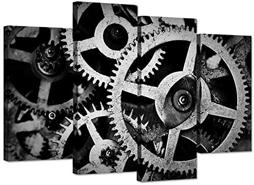 Hello Artwork 4 Panel Canvas Wall Art Mechanical Gear Cogs Old Fa...