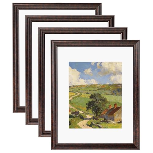 Image of eletecpro 11x14 Brown Picture Frames Set of 4, Vintage Photo Frames with Clear Acrylic Cover, Gallery Wall Art Display 8x10 Photo with Mat or 11x14 without Mat for Tabletop and Wall Mount, Home Decor