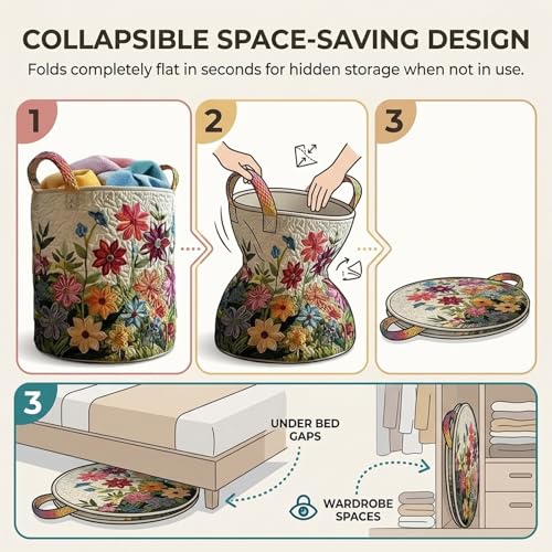 Image of Quilted Laundry Baskets with Handles, Large Floral Fabric Hampers, Extra Soft Boho Chic Storage Organizer for Nurseries, Collapsible Clothes Bins, Portable Bedroom Washing Container