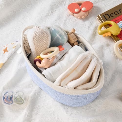 Image of Small Woven Gift Basket Empty with Bag & Ribbon, Storage Basket for Father's Day for Dad, Baby Shower, Raffle, Birthday, Cute Organizer with Handles, 12 inchx8 inchx5 inch, Blue&White