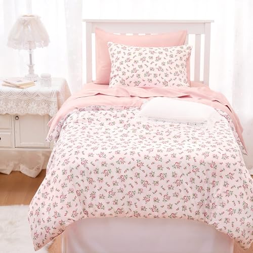 Image of Wake In Cloud - Twin /Twin XL Comforter Set, 3-Piece, Floral Shabby Chic Coquette Cottagecore Flower Light Blush Pink Green, Soft Lightweight College Dorm Bedding for Women Teen Kids Girls