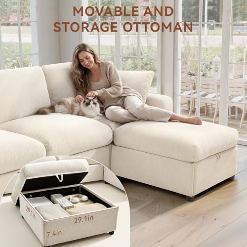 Image of Ihanherry 141 inch Oversized Cloud Sectional Couches for Living Room, Modular Sectional Sofa with Wide Deep Seat, U Shaped Couch with Throw Pillow and Storage Ottoman, Beige