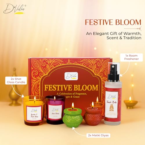 Image of D'Velas Festive Bloom Gift Hamper | Scented Candle, Room Freshener & Decorative Diyas | Premium Fragrance & Holiday Decor Gift Box for Home, Office, Friends, Family & Corporate Gifting
