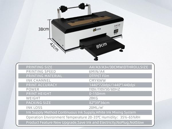Printer dimensions and specifications table