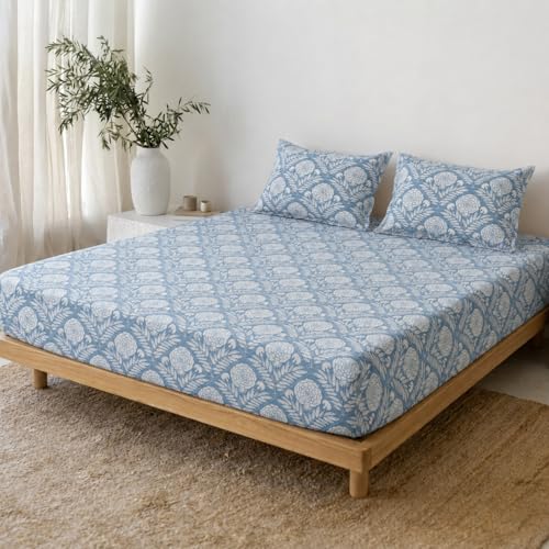 Image of Marrow Lane 300 TC Soft Air Cotton King Size Bedsheet, (108x108 Inches) with 2 Pillow Covers | Ultra Soft, Breathable & Durable | Block Print Floral Design | Blue & White