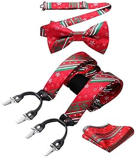 HISDERN Mens Braces Bowtie Set Christmas Festival Suspenders Pocket Square Adjustable Y Shape with Strong Clips Fun Santa Pattern Braces for Men