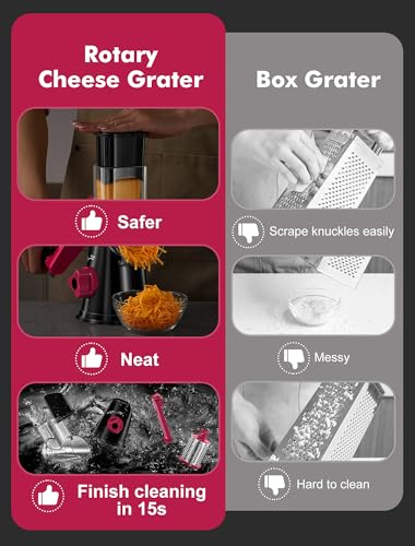 Image of Cheese Grater Rotary, Rotary Grater for Kitchen, Kitchen Vegetable Slicer with 3 Drum Blades, Fast Cutting Cheese Shredder for Vegetables and Nuts (Black+Rosy, 3 BLADES)