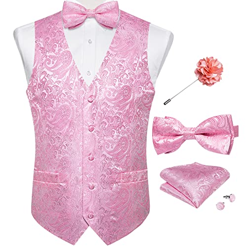 Image of DiBanGu Mens Paisley Suit Waistcoat,Silk Dress Vest and Bowtie Pocket Square Cufflinks with Lapel Pin Set for Wedding Tuxedo