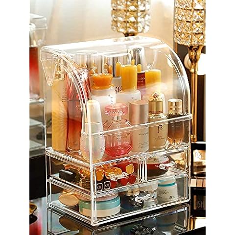 HOMOKUS Large Acrylic Makeup Organizer for Vanity Skincare Organizer with Lid Large Capacity Dust-proof 3 Layers Transparent Appearance Installation Free Size (9.5"W x 6.3"D x 12.4"H) Cover