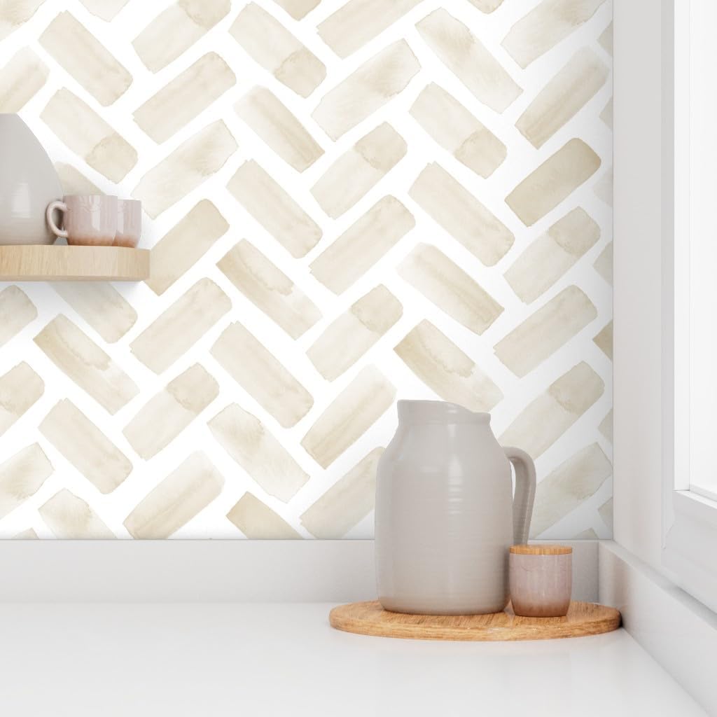 Removable Wallpaper 3ft x 2ft - Watercolor Tan Herringbone Tan Neutral Subtle Modern Geometric Custom Pre-Pasted Wallpaper by Spoonflower